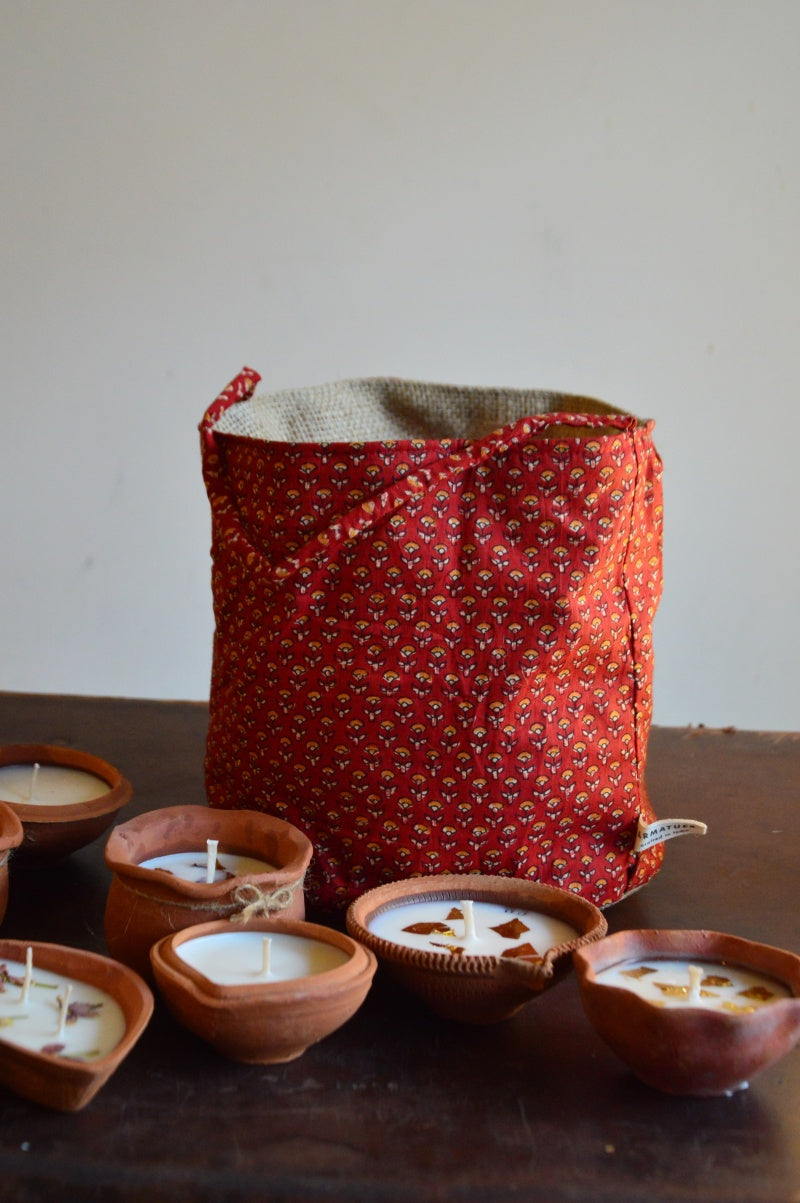 Festive Gift Bag with 10 assorted terracotta diyas | Red Bag