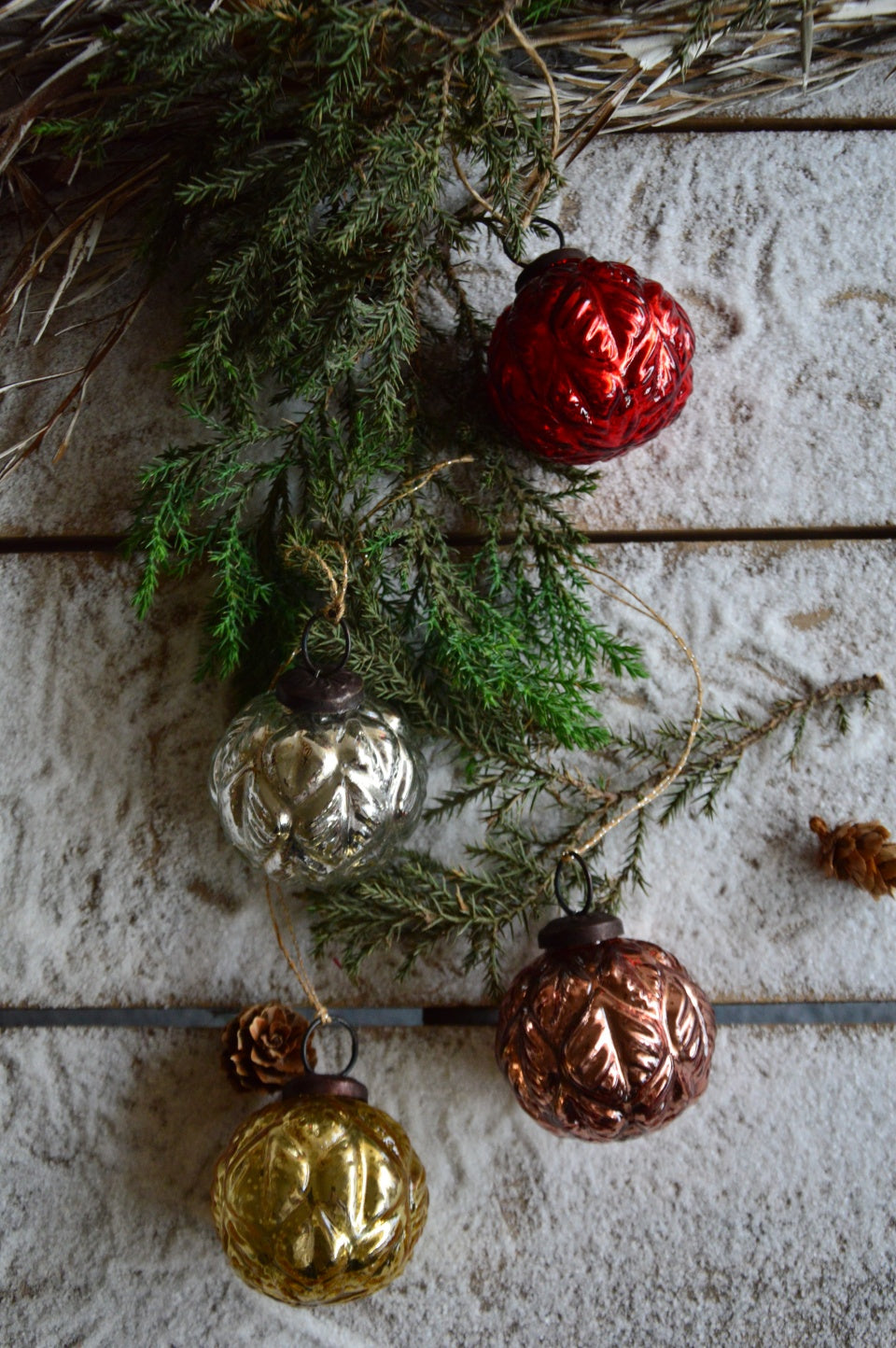 Snow Ball Glass Ornaments Copper, Silver, Gold & Red