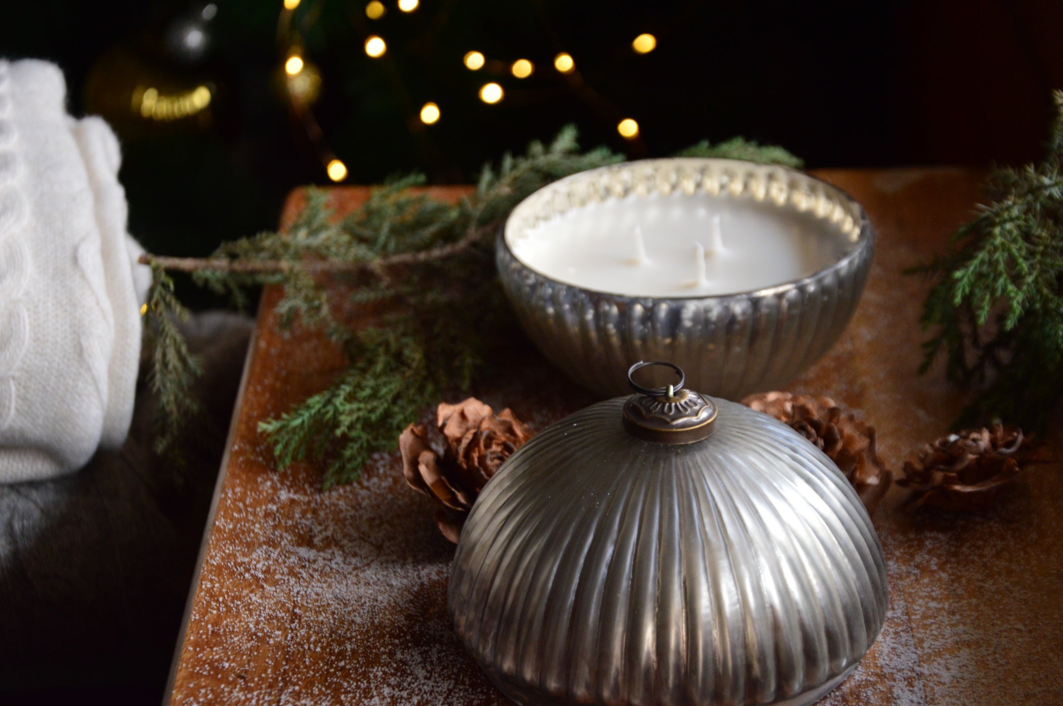 Frosted Silver Christmas Ball Ornament Container Candle