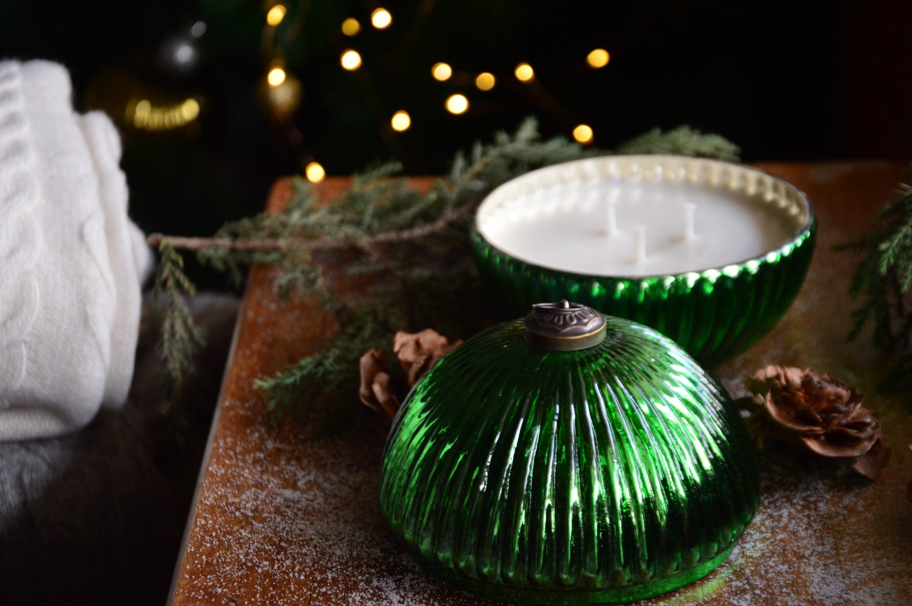 Green Christmas Ball Ornament Container Candle